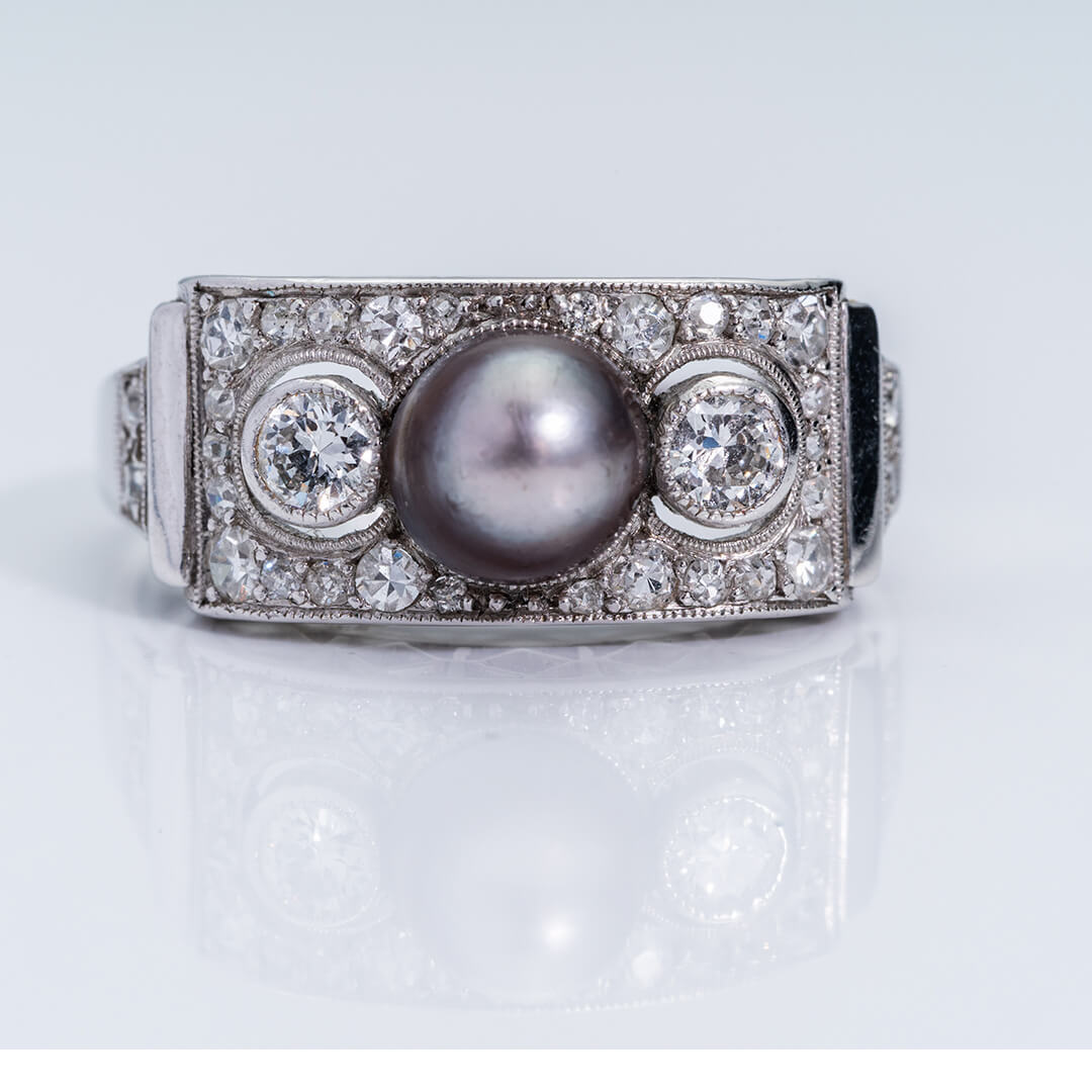 Vintage Grey Pearl and Diamond Ring