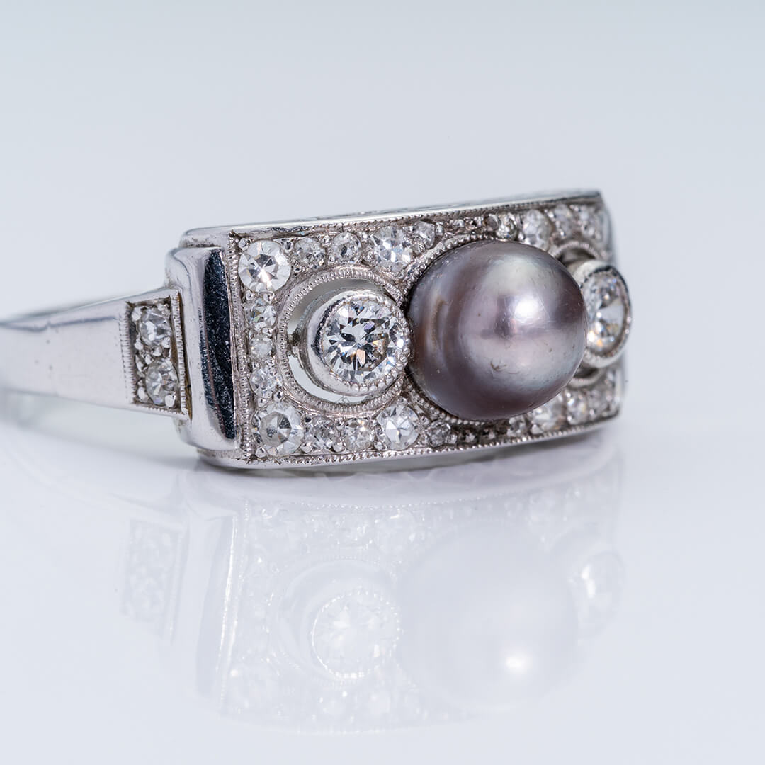 Vintage Grey Pearl and Diamond Ring
