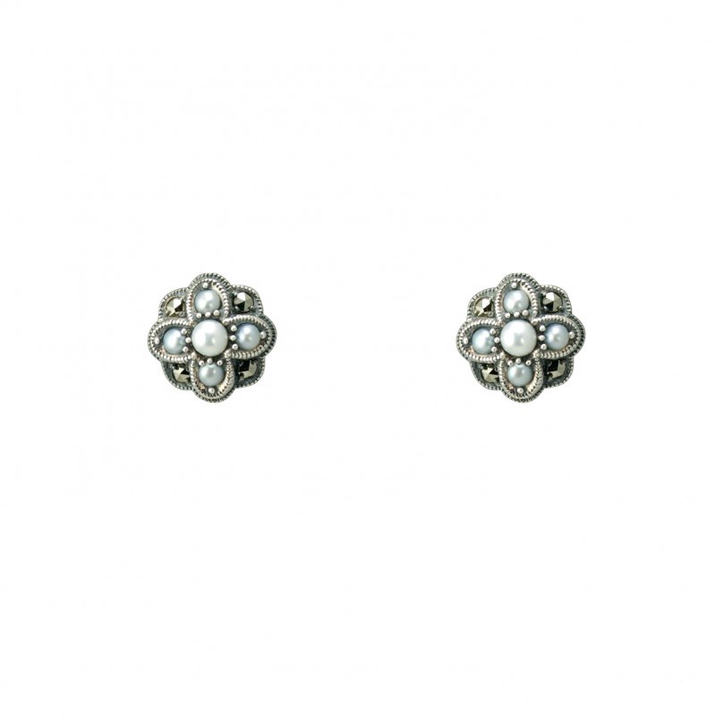 Silver Pearl Marcasite Earrings